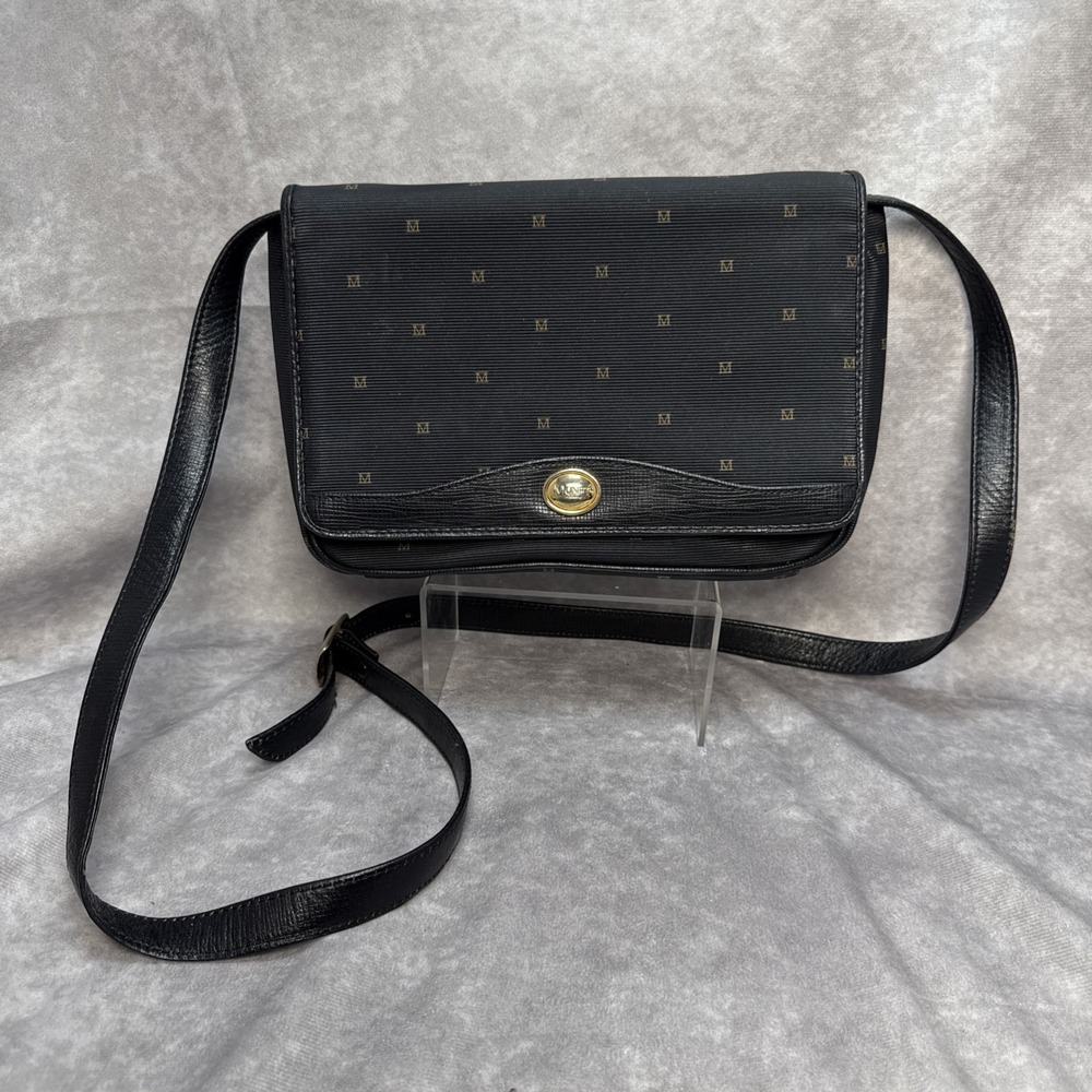 90's Monet NY London Paris Coated Black Nylon Leather Flap Shoulder Crossbody